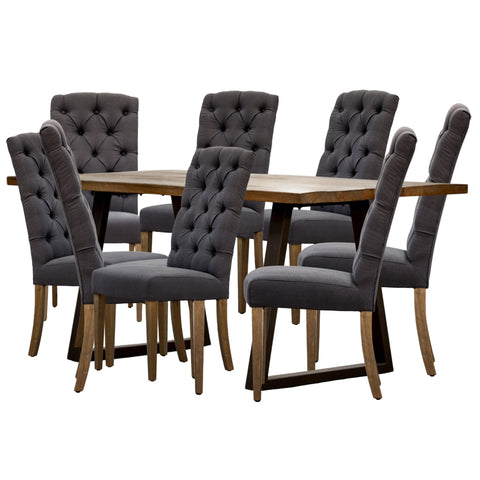 9Pc Dining Set 220Cm Live Edge Table 8 Charcoal Fabric Chair Mango Wood