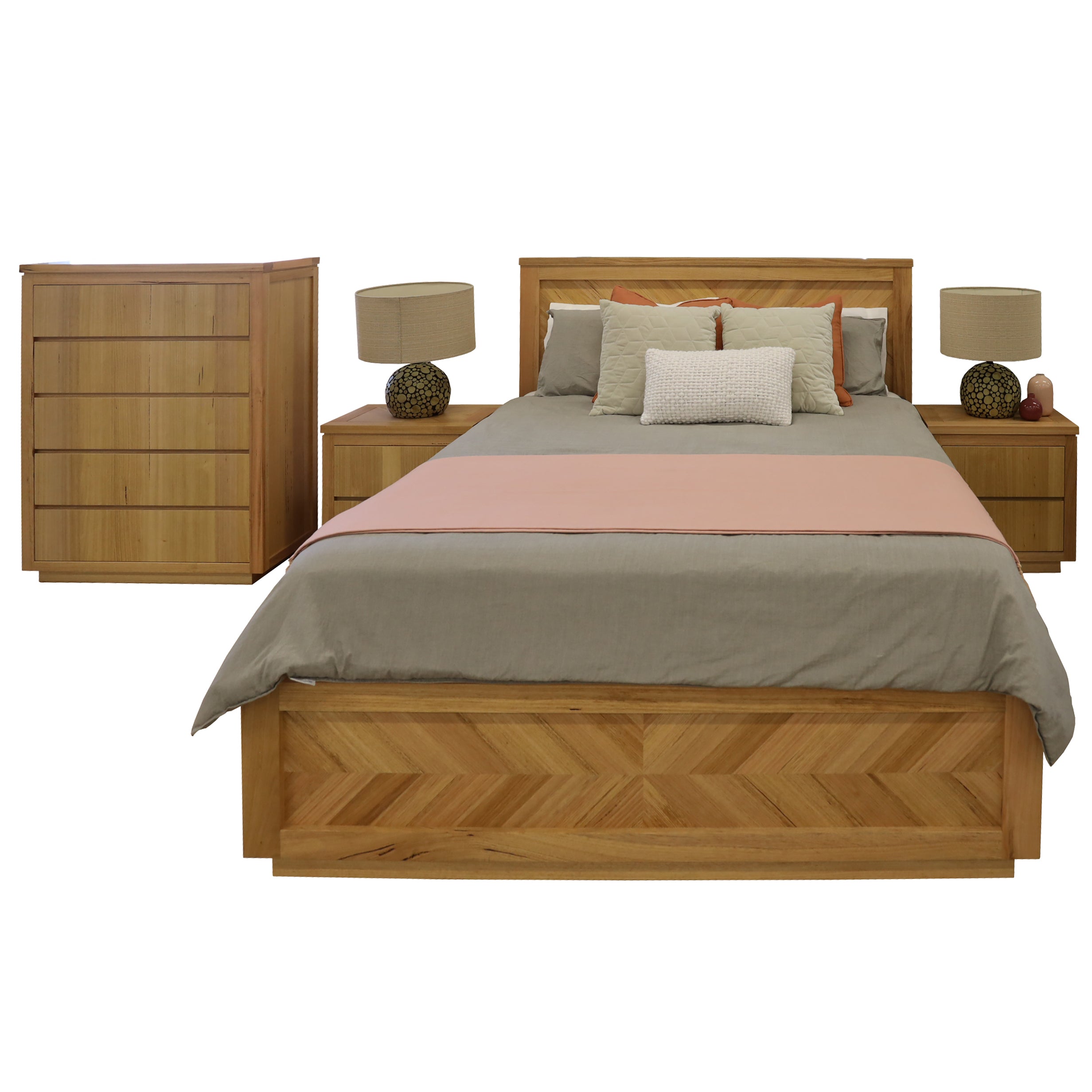 Luxurious 4-Piece Queen Bed Frame with Timber Bedside and Tallboy Bedroom Suite