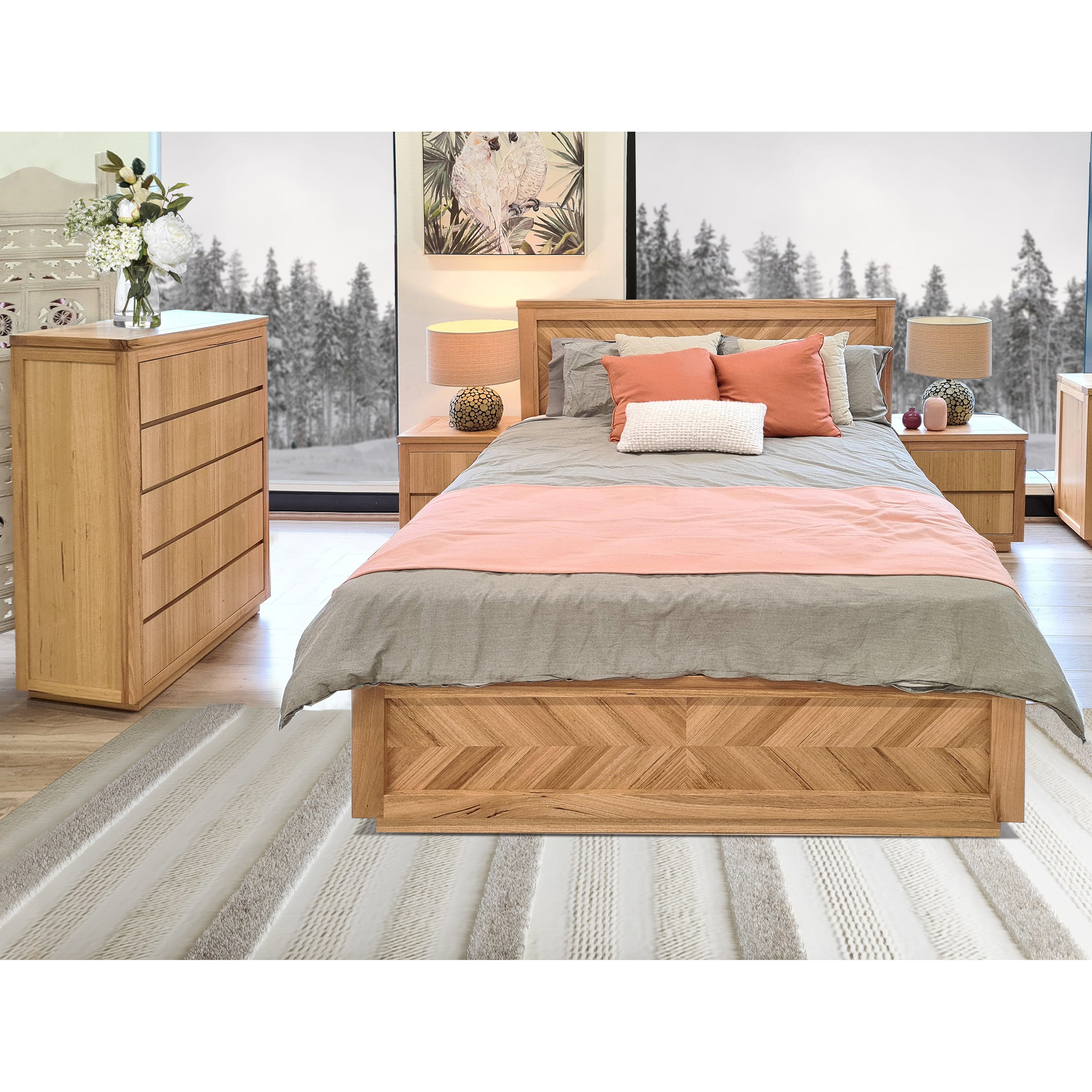 Luxurious 4-Piece Queen Bed Frame with Timber Bedside and Tallboy Bedroom Suite