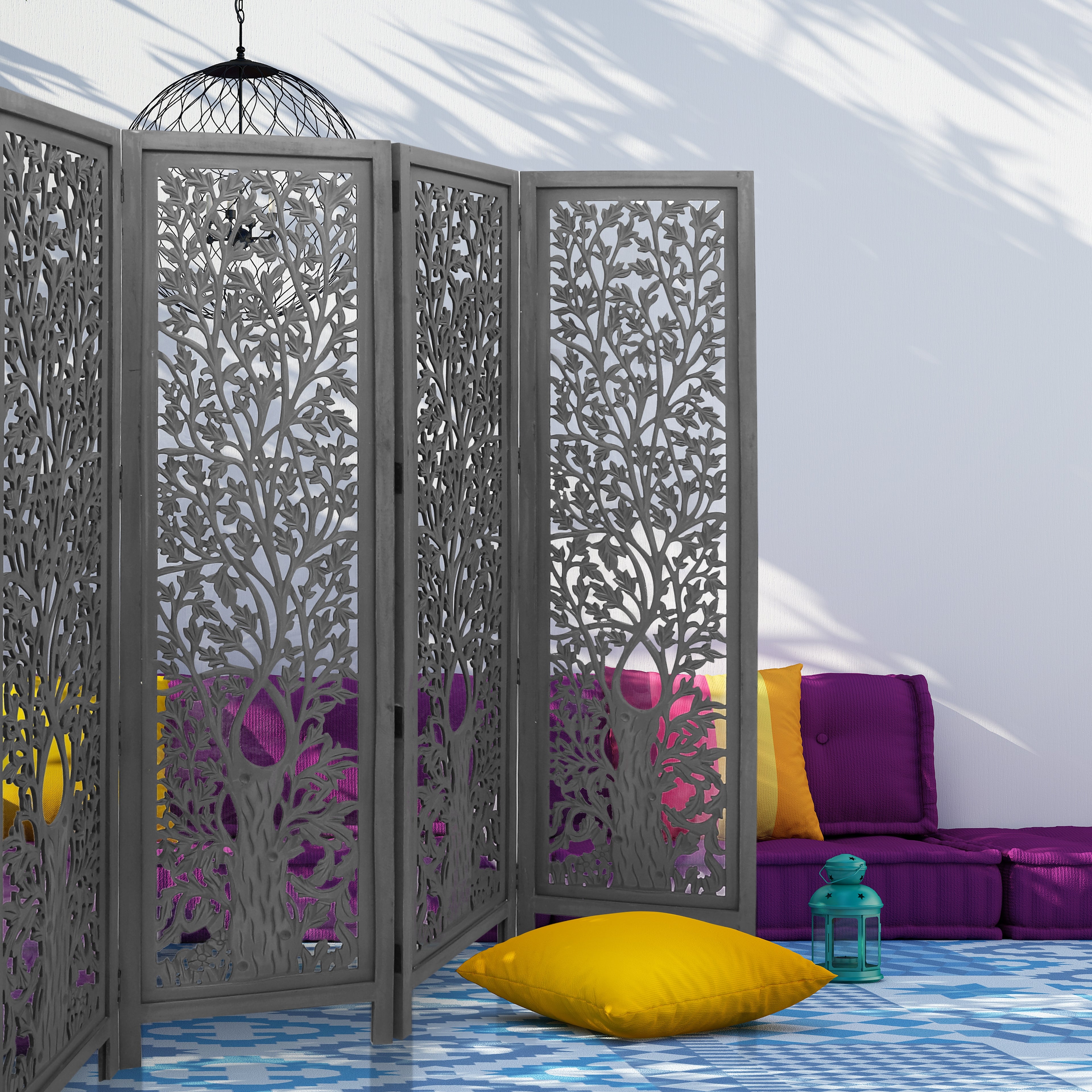 Dark Grey 4-Panel Room Divider Screen for Privacy