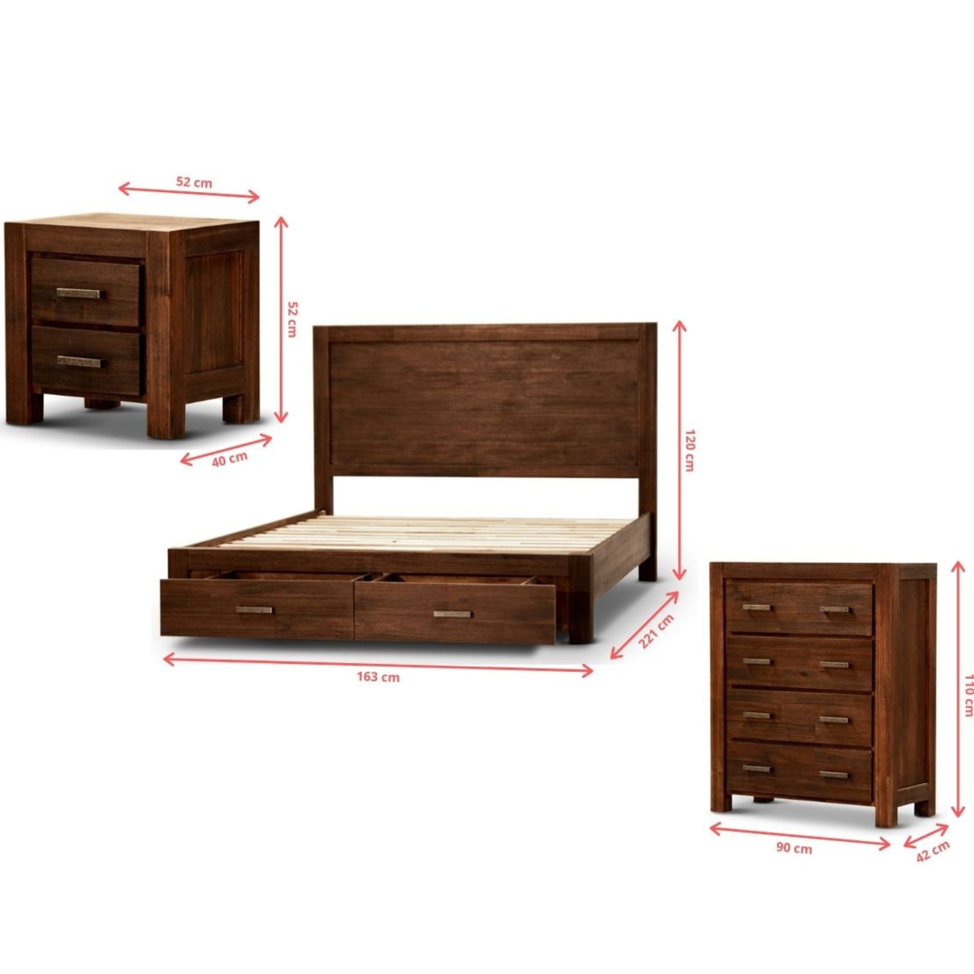 Comfortis 4Pc Queen Bed Frame Suite Bedside Tallboy Furniture Package - Walnut