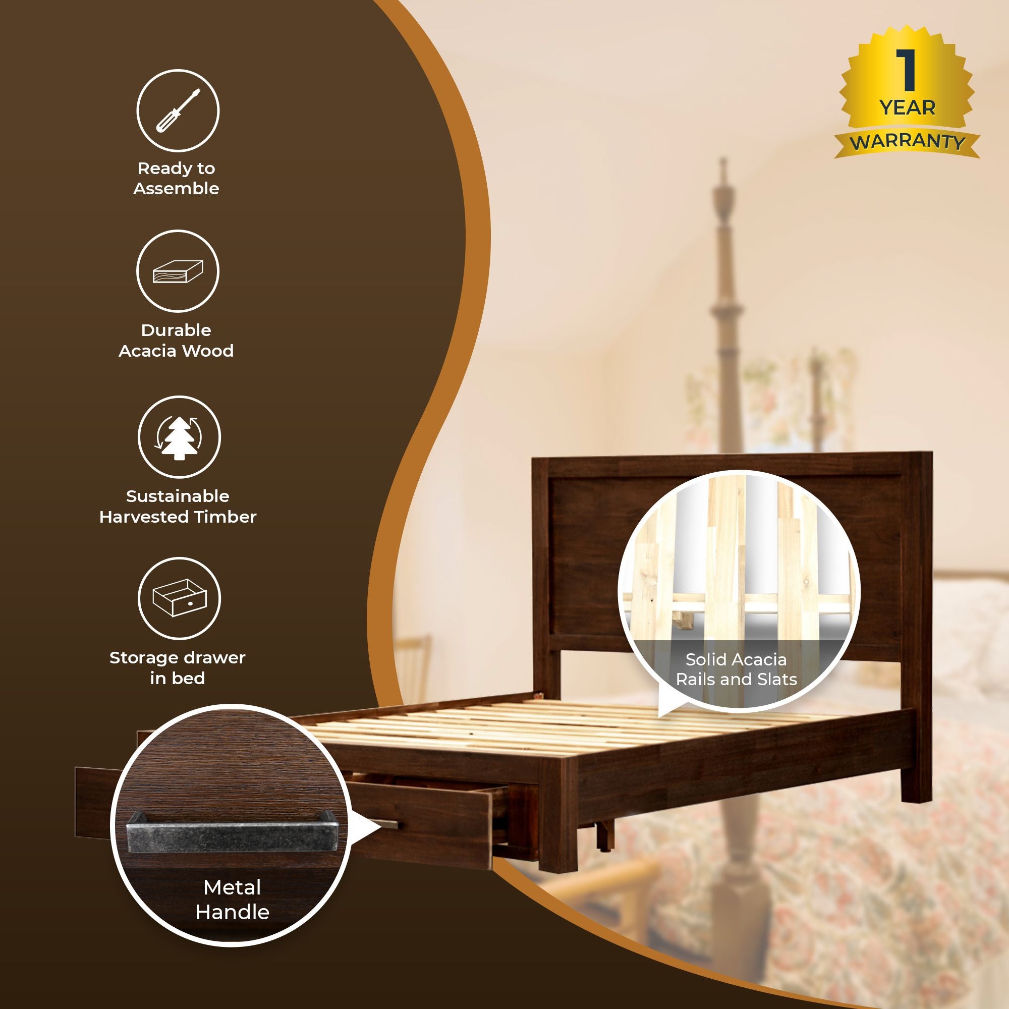 Comfortis 4Pc Queen Bed Frame Suite Bedside Tallboy Furniture Package - Walnut