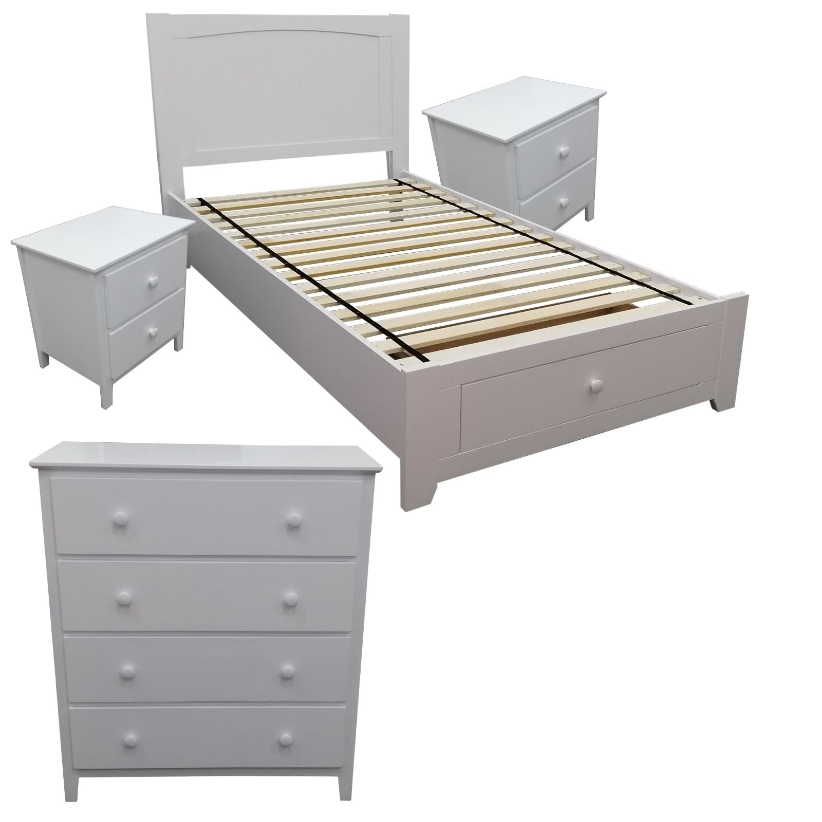 Elegant 4pc King Single Bed Suite with Bedside and Tallboy - White Bedroom Furniture Set