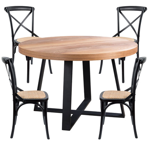 5Pc 120Cm Round Dining Table Set 4 Cross Back Chair Elm Timber Wood