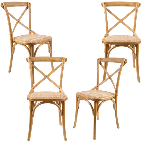 Crossback Dining Chair Set Of 4 Solid Birch Timber Wood Ratan Seat - Oak