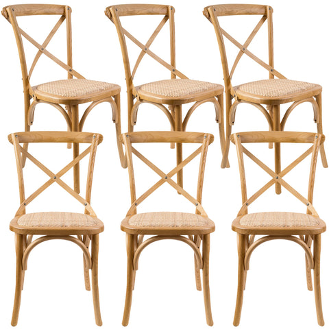 Crossback Dining Chair Set Of 6 Solid Birch Timber Wood Ratan Seat - Oak