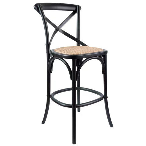 Crossback Bar Stools Dining Chair Solid Birch Timber Rattan Seat - Black