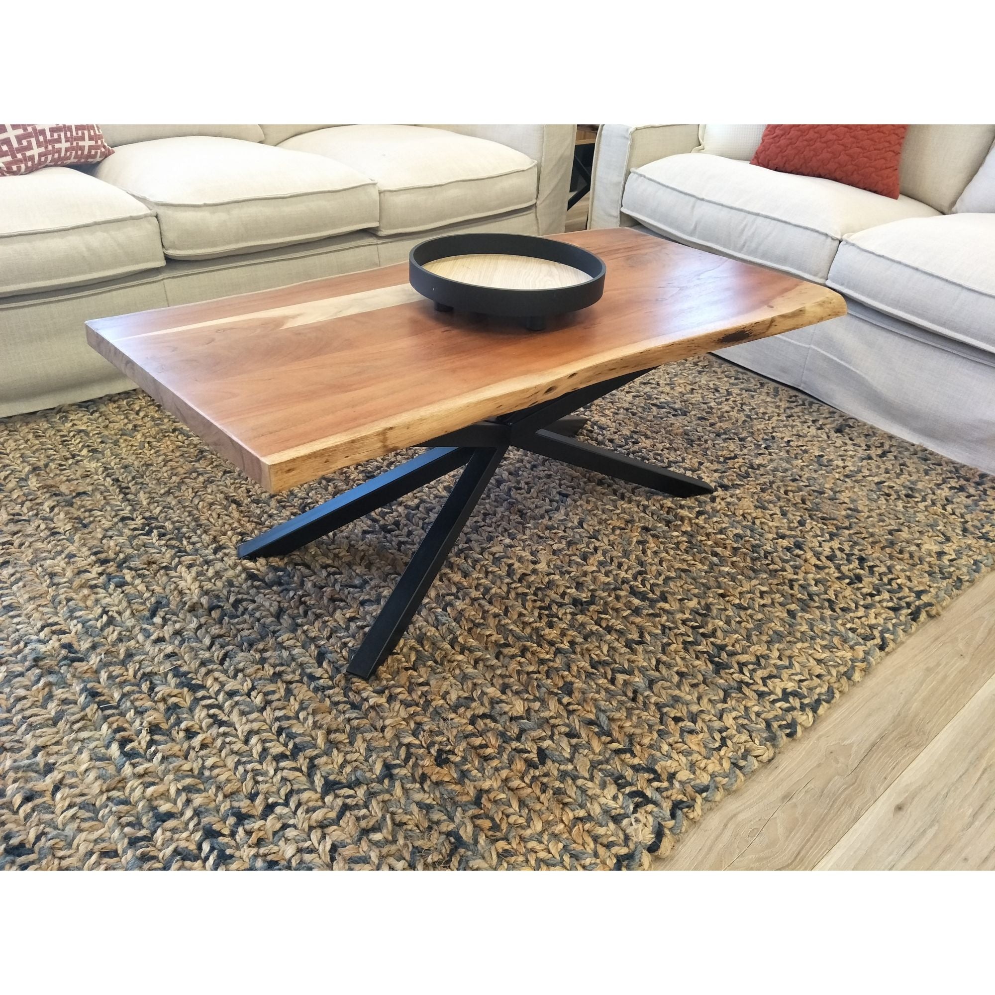 Coffee Table 130cm Live Edge Solid Acacia Timber Wood Metal Leg -Natural