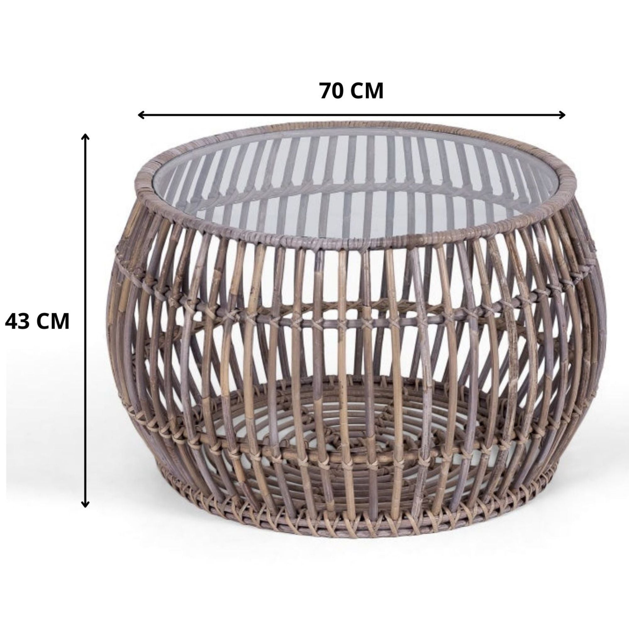 70Cm Glass Topped Rattan Round Coffee Table - Natural
