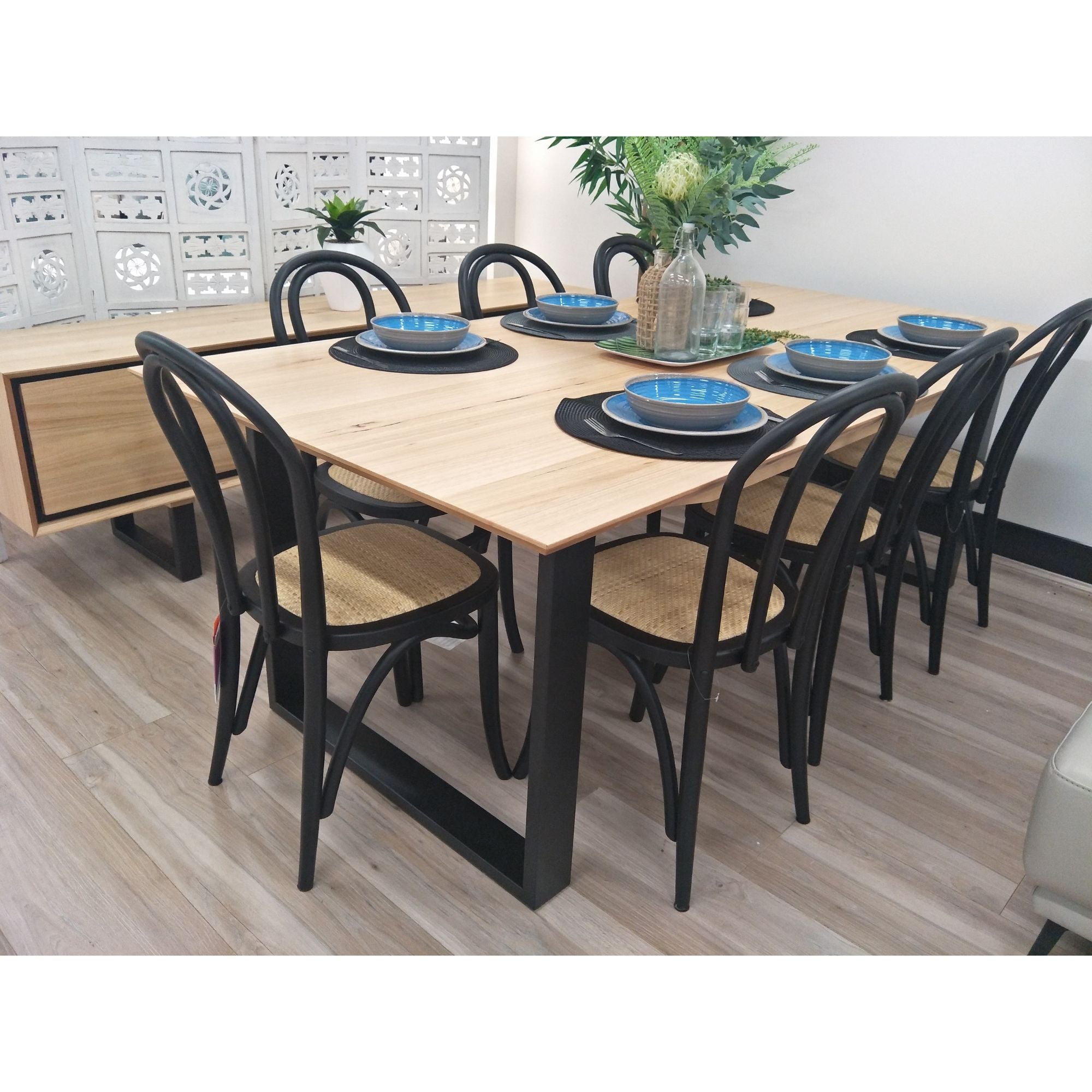 180cm Dining Table Set: 6 Arched Back Chairs and Solid Messmate Timber