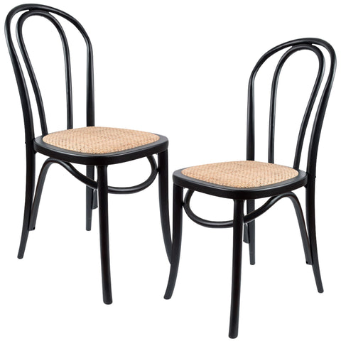 Back Dining Chair 2 Set Solid Elm Timber Wood Rattan Seat - Black
