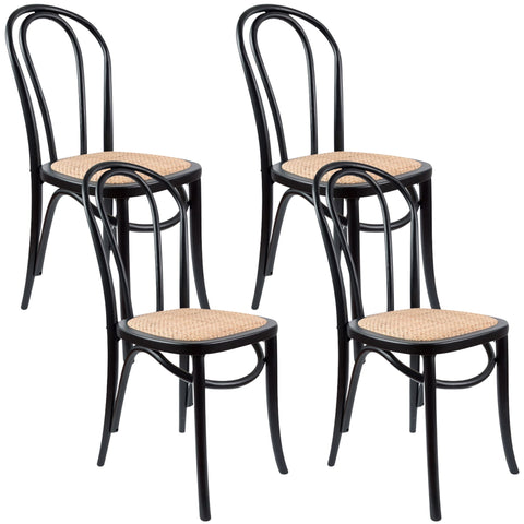 Back Dining Chair 4 Set Solid Elm Timber Wood Rattan Seat - Black