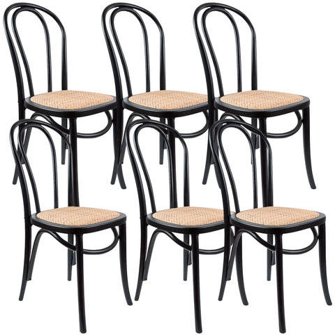 Arched Back Dining Chair 6 Set Solid Elm Timber Wood Rattan Seat - Black