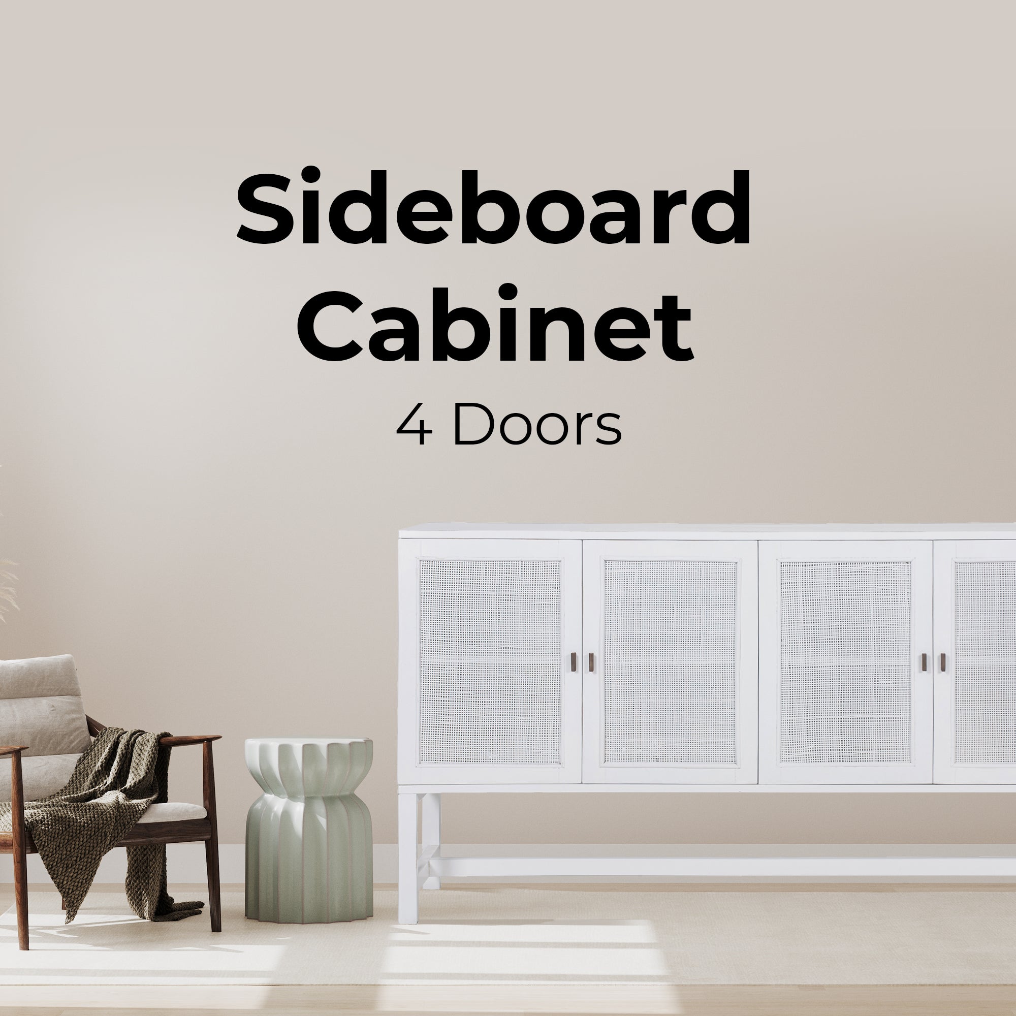 Sideboard Buffet Table 160Cm 4 Door Mindi Wood Rattan - White