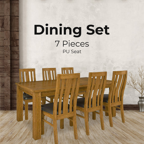 7pc Dining Set 190cm Table 6 PU Seat Chair Solid Mt Ash Wood - Brown
