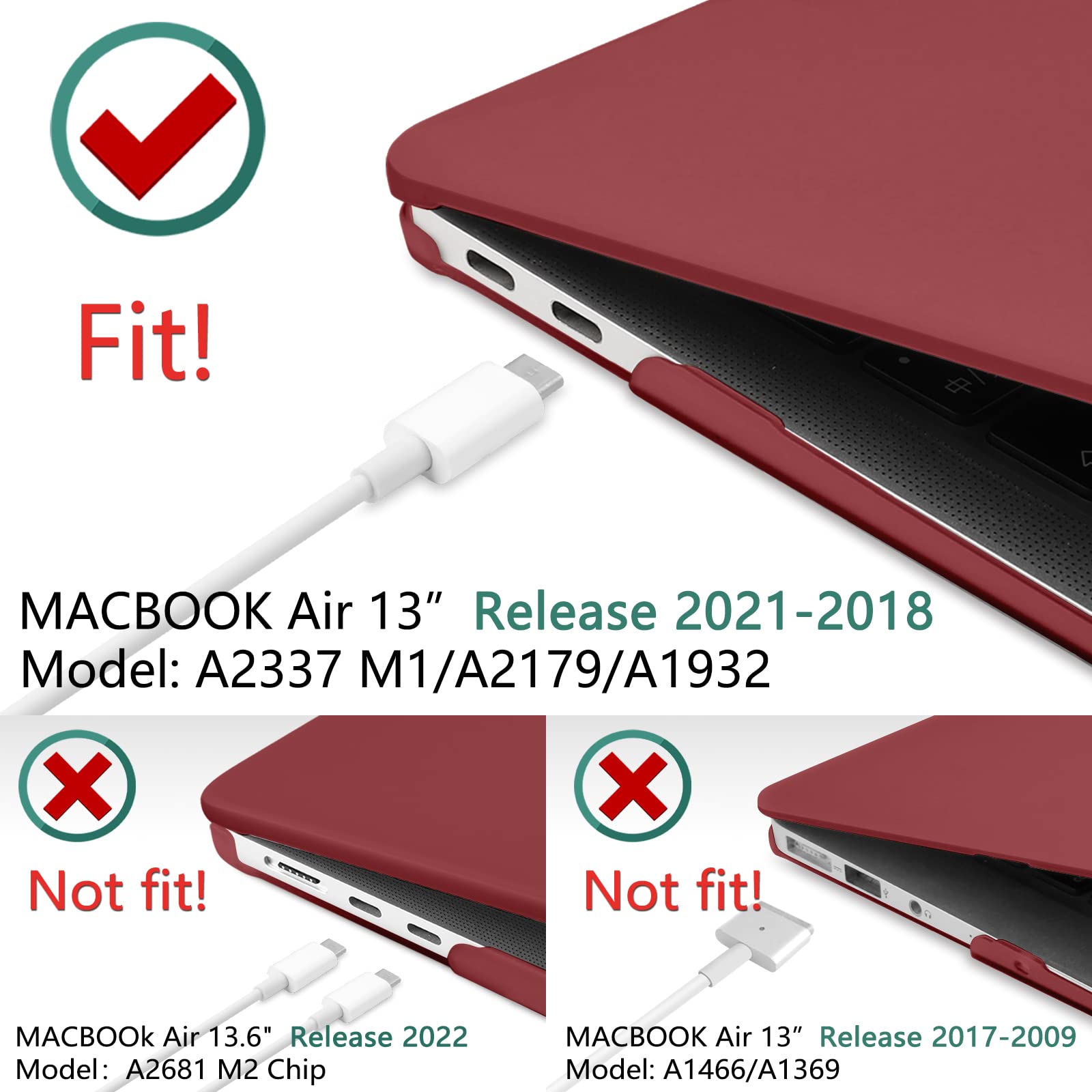 Macbook Air 13 Inch Case 2020-2018 With Keyboard Cover (Wine Red) - Red colour