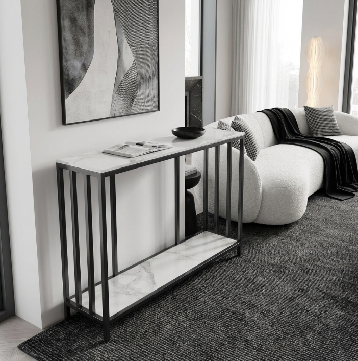 Bronte Dual Layer Marble Stone Console - White Marble Stone