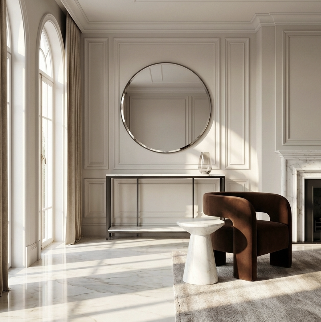 Bronte Dual Layer Marble Stone Console - White Marble Stone