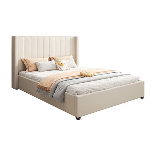 King Size High Rise Headboard Linen Beige Fabric Four Mdf Drawers