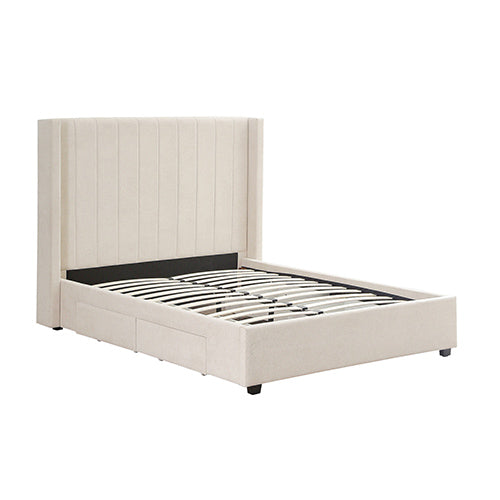 King Size High Rise Headboard Linen Beige Fabric Four Mdf Drawers