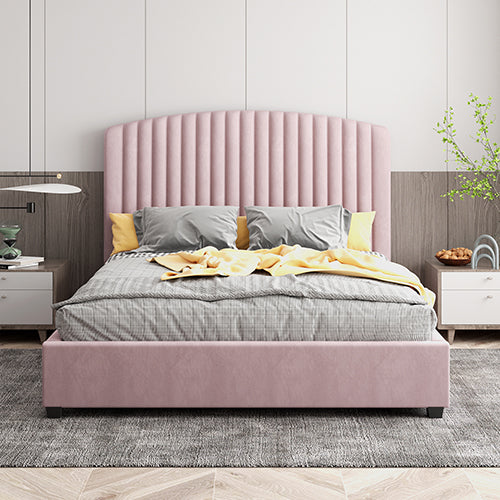 King Single Camelia Bed Frame Pink Velvet Upholstery High Headboard Metal Slats