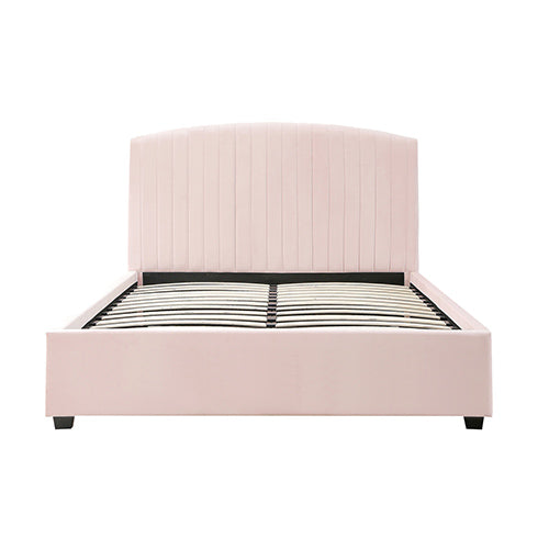 Camelia Bed Frame Pink Velvet Upholstery High Headboard Metal Slat Structure-Queen Size