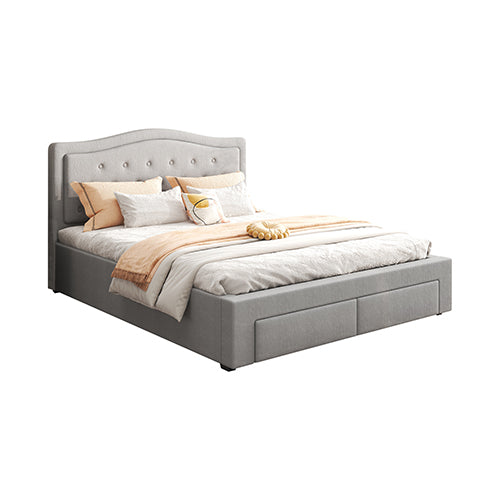 Emily Bed Frame Grey Velvet Fabric With Four MDF Drawers And Wheels-Queen Size