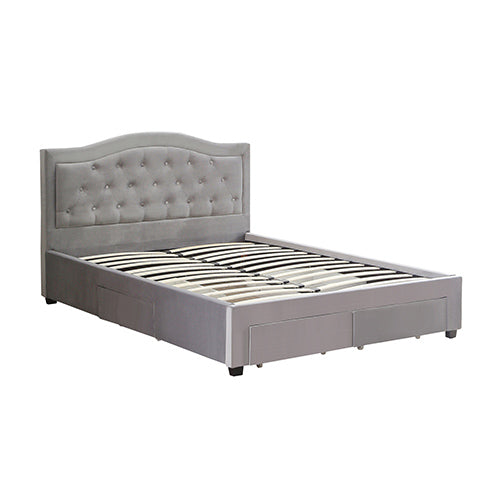 Emily Bed Frame Grey Velvet Fabric With Four MDF Drawers And Wheels-Queen Size