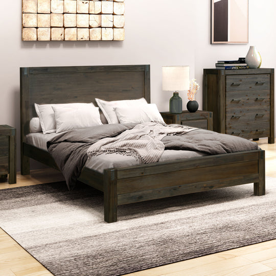 Bed Frame Queen Size Solid Acacia Wood Chocolate Finish, Queen