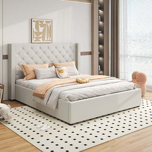 King Size Veronica Bed Frame Grey Linen Fabric Winged Gas Lift Structure