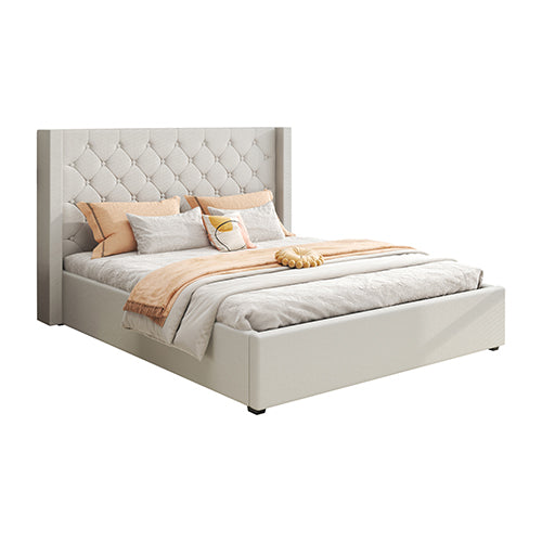 King Size Veronica Bed Frame Grey Linen Fabric Winged Gas Lift Structure