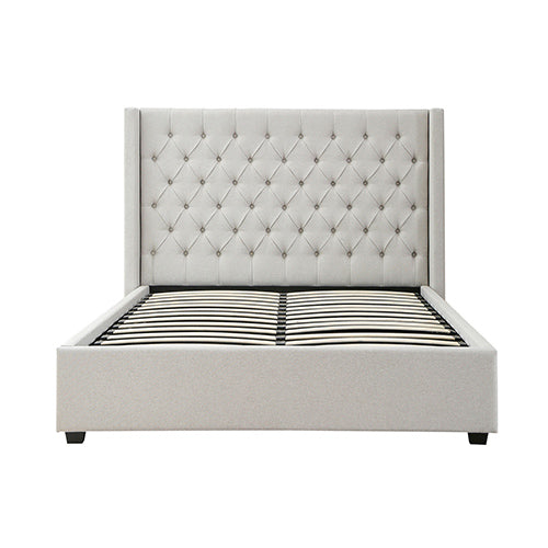 King Size Veronica Bed Frame Grey Linen Fabric Winged Gas Lift Structure