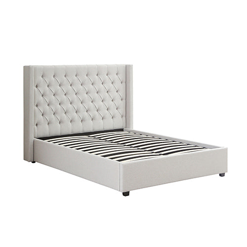 King Size Veronica Bed Frame Grey Linen Fabric Winged Gas Lift Structure