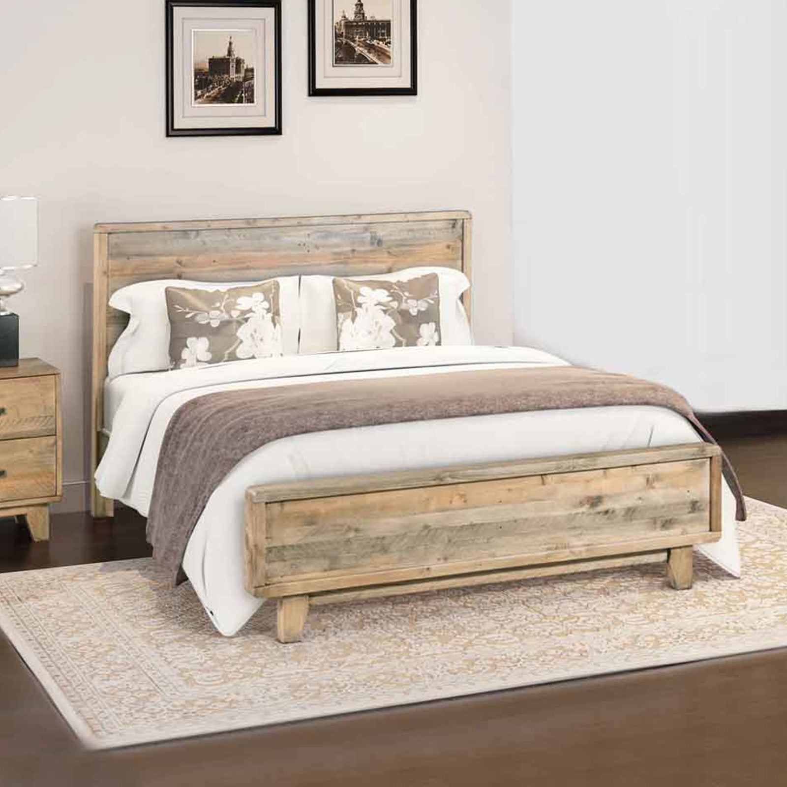 Double Size Solid Wood Bed Frame With Antique Light Brown Finish