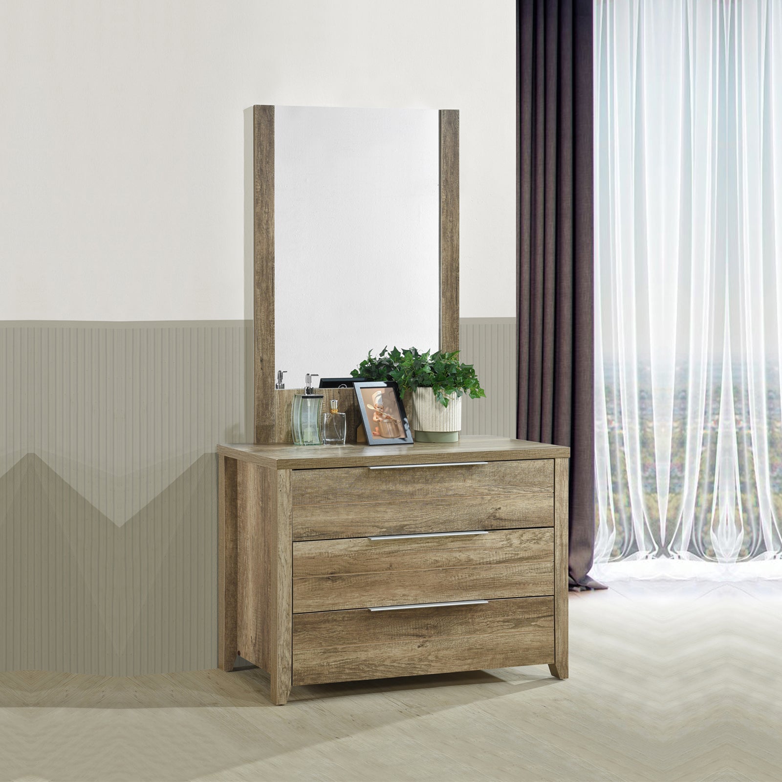 Wood finish - Dresser with 3 Storage Drawers in Natural Wood like MDF in Oak Colour with Mirror
