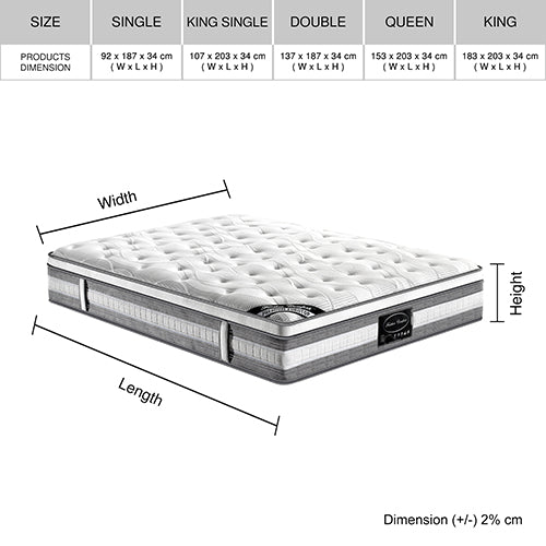 Medium Firm 34Cm Thick Premium Euro Top Pocket Spring Mattress - Single