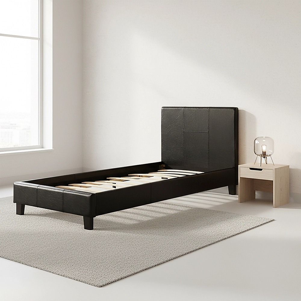 Bed Frame Single Size PU Leather Platform Modern Black Design