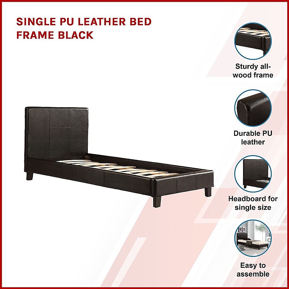 Bed Frame Single Size PU Leather Platform Modern Black Design