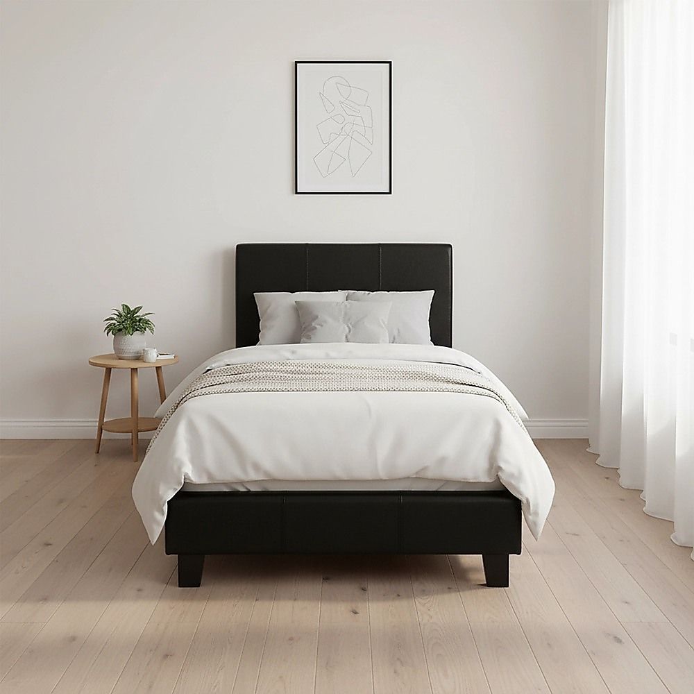 Bed Frame Single Size PU Leather Platform Modern Black Design
