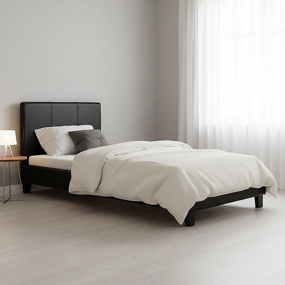 Bed Frame Single Size PU Leather Platform Modern Black Design