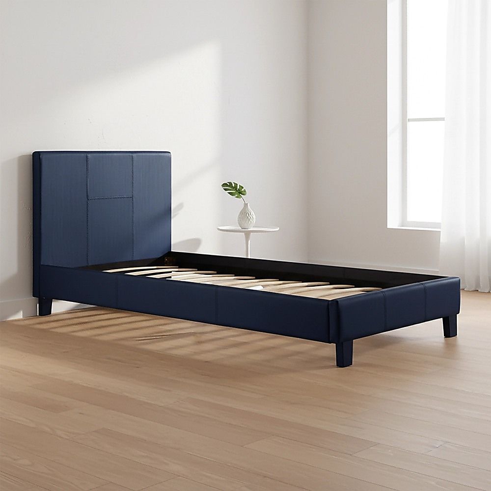 Bed Frame Single Size PU Leather Platform Modern Blue Design