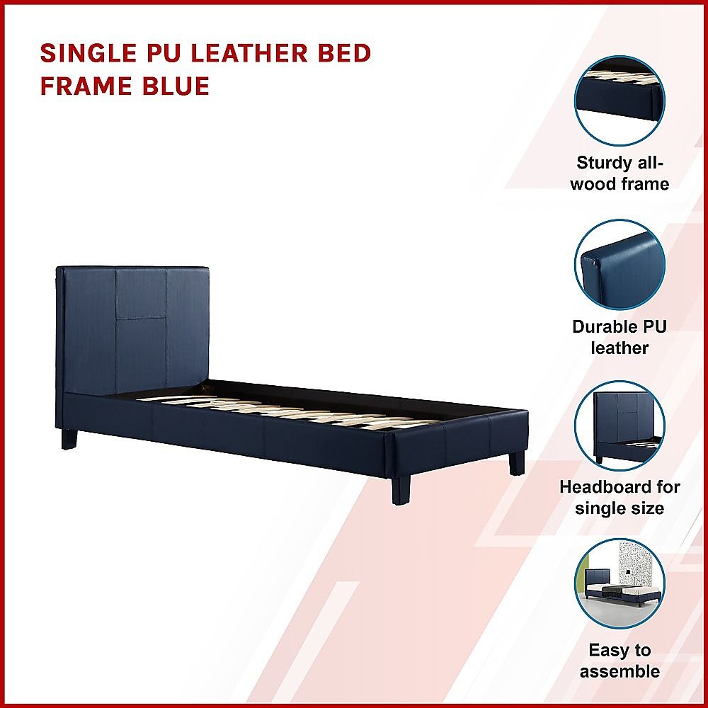 Bed Frame Single Size PU Leather Platform Modern Blue Design