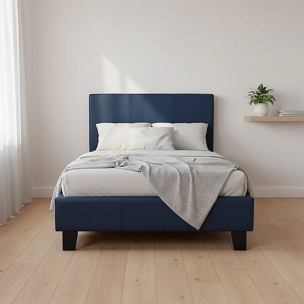 Bed Frame Single Size PU Leather Platform Modern Blue Design