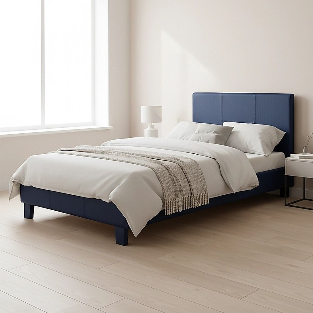 Bed Frame Single Size PU Leather Platform Modern Blue Design