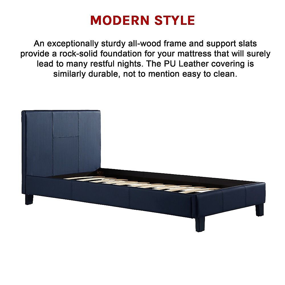 Bed Frame Single Size PU Leather Platform Modern Blue Design