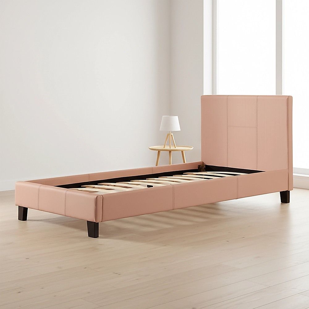 Bed Frame Single Size PU Leather Platform Modern Pink Design