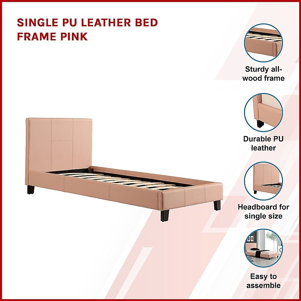 Bed Frame Single Size PU Leather Platform Modern Pink Design