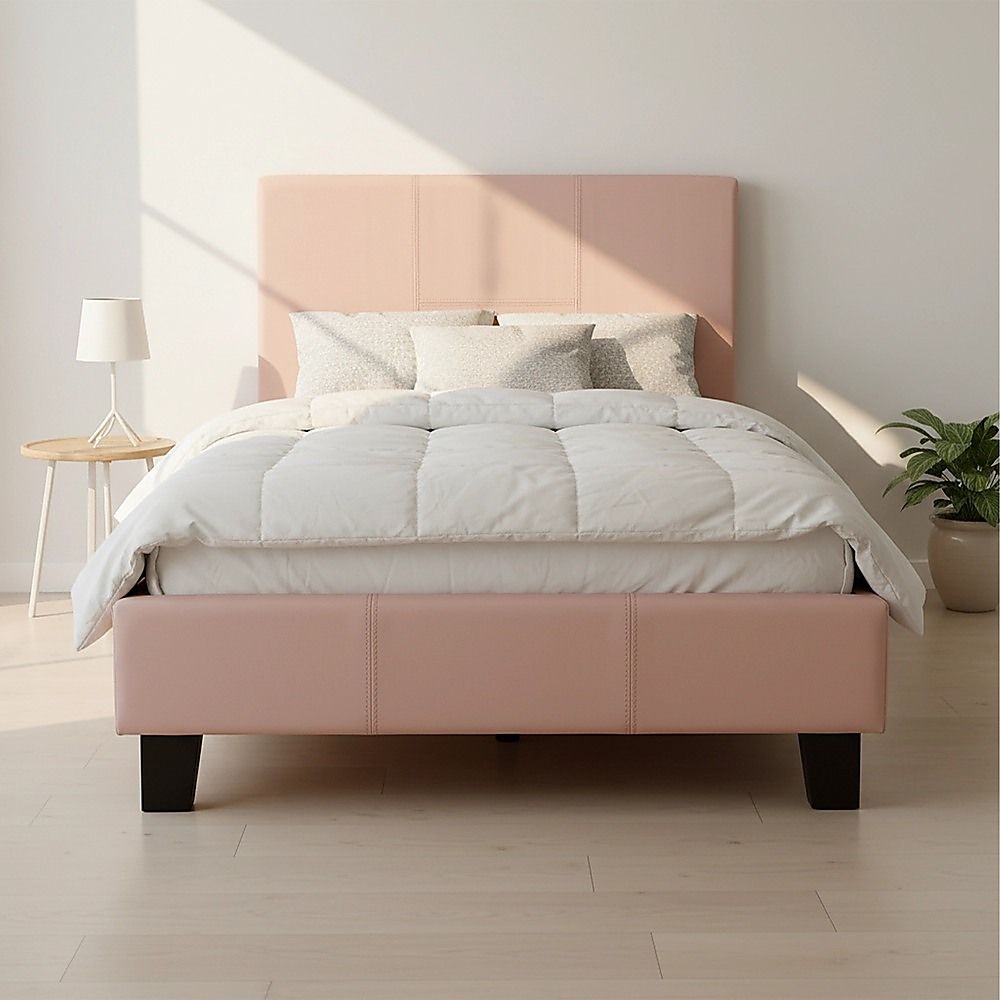 Bed Frame Single Size PU Leather Platform Modern Pink Design