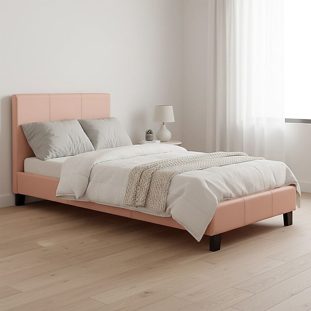 Bed Frame Single Size PU Leather Platform Modern Pink Design