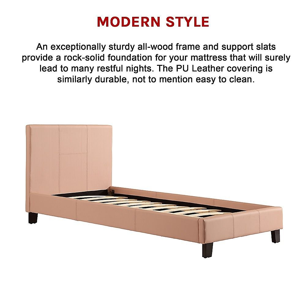 Bed Frame Single Size PU Leather Platform Modern Pink Design